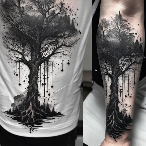 Dark Nature Tattoo Ideas, Gothic Tree Tattoo, Cathedral Tattoo, Graveyard Tattoo, Spooky Trees, Nature Tattoos, Tree Tattoo, Graveyard, Tattoos