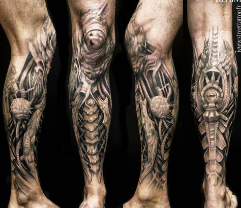 Perfect Biomechanical black and gray tattoo art by Klaim Street Tattoo | Post 11744 | World Tattoo Gallery - Best place to Tattoo Arts Biomech Tattoo, Covered In Tattoos, Biomechanical Tattoo Design, Tatoo 3d, Bio Organic Tattoo, Best Leg Tattoos, Organic Tattoo, Mechanic Tattoo, Armor Tattoo