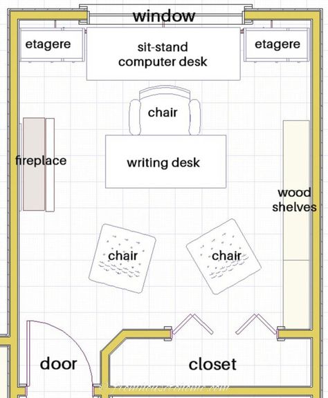 home office floor plan with the desk facing into the room and a window and two bookshelves behind it Office Desk Facing Window, Desk Facing Window, Home Office Floor Plan, Home Office Layout Ideas, Office Layout Plan, Office Layouts, Blue Home Offices, Office Layout Ideas, Home Office Layouts