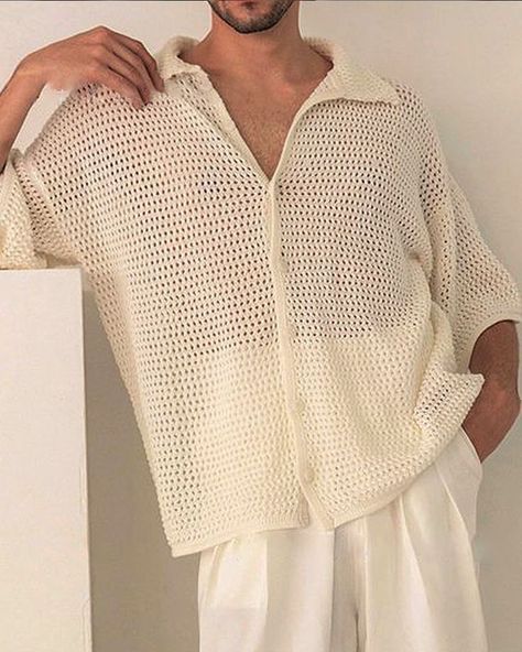 Crochet Shirt Outfit, Crochet Shirt Pattern, Style Gentleman, Crochet Men, Pull Crochet, Mens Casual Outfits Summer, Linen Shirts, Guys Clothing Styles, Men Stylish Dress