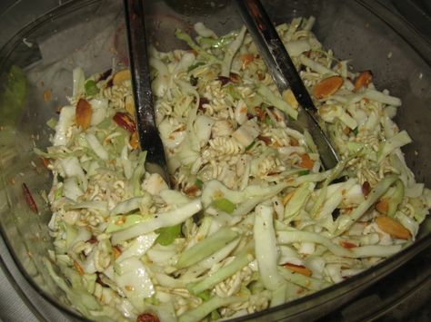 Japanese Chicken Salad. Love this, but rather than the MSG packaged seasoning, I use chicken bouillon. Japanese Chicken Salad, Japanese Chicken Salad Recipe, Salad Japanese, Asian Salads, Bbq Potluck, Ramen Seasoning, Proverbs 15, Ramen Noodle Salad, Chicken Bullion