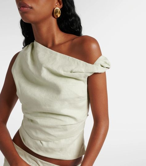 Iris one-shoulder linen top in green - SIR | Mytheresa Sir The Label, Linen Crop Top, Cuffed Top, Twist Top, Outfit Goals, Basic Tops, White Crop Top, Linen Top, The Label