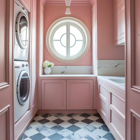 21 Colors That Go With Light Pink That Work in Any Room Pink And Black Laundry Room, Laundry Room Design Pink, Pink Laundry Room Bloxburg, Girly Laundry Room, Pink Laundry Room Tile, Laundry Room With Pink Cabinets, Laundry Room Pink, Pink Laundry Room Ideas, Pink Laundry Room