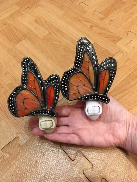 Monarch Butterfly Stained Glass Night Light with choice of ALMOND or WHITE base Handmade Stained Glass Monarch Butterfly, Stained Glass Monarch, Butterfly Stained Glass, Stained Glass Night Lights, Stained Glass Butterfly, Iris Garden, Purple Iris, Copper Foil, Light White