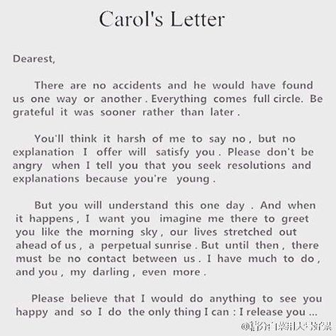 Carol's letter Carols Letter To Therese, Carol Letter To Therese, Carol 2015 Quotes, Carol Movie Quotes, Carol Movie Aesthetic, Therese Belivet, Carol Quotes, Carol Movie, Carol 2015