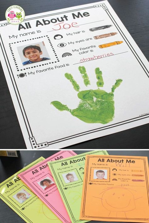 Here is a fun activity idea for your all about me theme unit and lesson plans in preschool and pre-k. Kids will love this free printable that is simple enough for your students in an early childhood setting. A great activity for the beginning of the year literacy center. Bind the pages into a class book to share during circle time or in your classroom library. Help kids to get to know each other during the first week of school #preschool #earlylearningideas #beginningoftheschoolyear All About Me Preschool Theme, Me Preschool Theme, All About Me Preschool, All About Me Activities, About Me Activities, First Day Of School Activities, Preschool Lesson Plans, Preschool Themes, All About Me