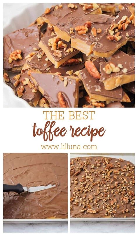 This classic Toffee Recipe is the perfect homemade treat. With crunchy pecans and chocolate, it's simply delicious! #toffee #homemadetoffee #toffeerecipe #homemadecandy #candy Old Fashioned Toffee Recipe, Toffee Dessert Recipes, Easy Toffee Recipe, The Best Toffee Recipe, Homemade Toffee Recipe, Toffee Dessert, Toffee Bites, Soft Toffee, Easy Toffee