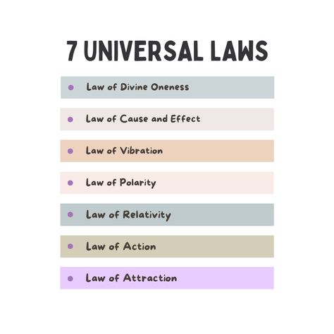 1. Law Of Divine Oneness 2. Law of Cause and Effect 3. Law Of Vibration 4. Law Of Polarity 5. Law of Relativity 6. Law Of Action 7. Law Of Attraction 7 Universal Laws, Law Of Relativity, Law Of Divine Oneness, Law Of Polarity, Law Of Action, Law Of Cause And Effect, Divine Oneness, Law Of Vibration, Universal Laws