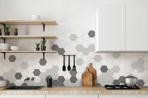 Backsplashes With White Cabinets, Kitchen Ideas Backsplash, White Cabinets Backsplash, Back Splash Patterns For Kitchen, Black Tiles Kitchen, Types Of Kitchen Layouts, Backsplash In Kitchen, Hexagon Tile Backsplash, Modern Kitchen Tiles