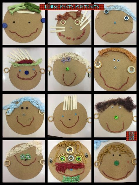 Self Portrait Loose Parts, Loose Parts Portraits, Loose Materials Preschool, Loose Part Activities For Kindergarten, Self Portraits Eyfs, Loose Parts Self Portraits, Loose Parts Kindergarten Activities, Loose Parts Activities, Loose Parts Preschool