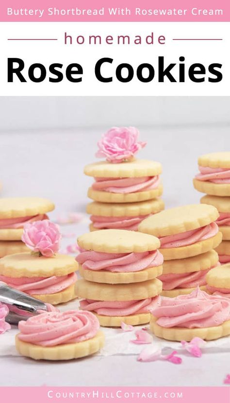 Rose Butter Cookies, Rose Water Cookies, Rose Cookies Recipe, Rose Dessert Recipes, Pink Food Recipes, Rose Recipes Desserts, Rose Sugar Cookies, Rose Desserts, Rose Recipe