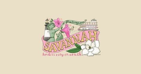 This Greetings from Savannah, Georgia tourist souvenir design contains some of my favorite memories of the Hostess city of the South! The Waving Girl statue, Tybee Island Lighthouse, magnolias, azaleas, and the riverboat coasting lazily up and down the Savannah river, that you can see from River Street. This is a great design for those missing the hostess city! River Street Savannah Ga, Tybee Island Lighthouse, Souvenir Design, Tybee Island, River Boat, Savannah Georgia, Savannah Ga, Great Design, Savannah Chat