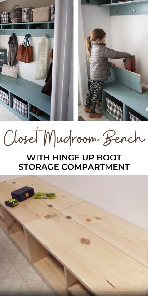 Entry Way Closet Makeover, Closet Mudroom, Closet Bench, Diy Entryway Bench, Mudroom Closet, Front Closet, Entry Closet, Entryway Closet, Boot Storage