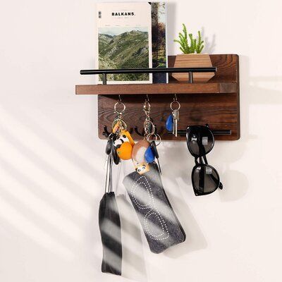 Versatile Storage Key Hanger - Wall mounted Key Holder can aid you to make full use of wall space, avoiding confusion and loss. One small floating shelf to store your mails, bills, letters, newspaper, magazines, wallets, accessories, small plants and more; 2 metal double hooks and 3 single hooks for hanging your keys, umbrella, coat & hat, dog leash, and so on. There is also an area for placing sunglasses in the lower-left corner. | Commission Key Holder For Wall Decorative w/ 5 Key Hooks, W Letters Newspaper, Small Floating Shelf, Mudroom Hallway, Decor For Entryway, Mail Organizer Wall, Wall Mounted Key Holder, Mail And Key Holder, Entryway Mudroom, Mail Holder