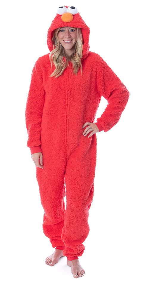 PRICES MAY VARY. OFFICIALLY LICENSED SESAME STREET MERCHANDISE - MJC International manufactured this licensed item and many more like sleepwear, leisurewear, daywear, and intimates for Men, Women, Juniors, and children FUN ELMO UNION SUIT - This adult Elmo union suit, will fit both men and women. This costume union suit has a hood, front zip zipper, Elmo's orange nose, and big eyes on the hood as 3D features, ribbed cuffed fabric at the wrist and ankles so you can wear them with your favorite pa Halloween Onsies Adults, Elmo And Cookie Monster Costumes Onsie, Sibling Duo Halloween Costumes, Group Halloween Costumes College Parties, Not Scary Halloween Costumes, Family Sesame Street Costumes, Women’s Halloween Costume Funny, Diy Elmo Costume, Elmo And Cookie Monster Costumes