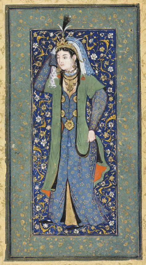 Unknown miniaturist. Bodycolour and gold on paper, height, sheet size, 191 mm, width, sheet size, 107 mm, circa 1560. Bukhara School. Production Note: 'Mughal, c. 1560' , M.C. Beach. Pair with PD.163-1948. Acquisition Credit: Bequeathed 1946 by P.C. Manuk and Miss G.M. Coles, through the National Art Collections Fund. Image attached to PD.162-1948 Mughal Aesthetic, Ottoman Painting, Persian Clothing, Mughal Miniature, Mughal Miniature Paintings, Egyptian Era, Pattern Design Drawing, Mughal Art Paintings, Graphic Shapes Design