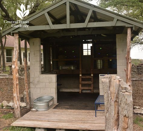 cordwood and cinder block shed design in Liberty Hill. Used for little goats! Central Texas Gardener Cinder Block Shed Building, Cinder Block Shed, Lake Stairs, Purple Bee Balm, Small Barn Ideas, Goat Shed, Land Ideas, Cinder Block Garden, Diy Outdoor Bar