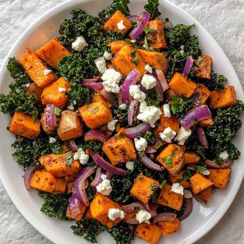 Sweet Potato and Kale Hash A vibrant hash with roasted sweet potatoes, sautéed kale, and red onions, topped with crumbled feta cheese on a white plate. Potato Hash Breakfast, Sweet Potato Kale Hash, Hash Recipes, Turkey Hash, Sweet Potato Hash Recipe, Sweet Potato And Kale, Breakfast Hash Recipes, Greek Breakfast, Sautéed Kale