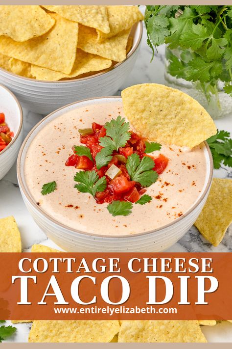 Creamy 3-ingredient Cottage Cheese Taco Dip ready in 5 minutes! Protein-packed, no-bake appetizer perfect for hot days. Serve with chips or veggies for a crowd-pleasing snack. Cottage Cheese Rotel Taco Seasoning, Hot Cottage Cheese Dip, Cottage Cheese Greek Yogurt Dip, Buffalo Dip With Cottage Cheese, Mexican Cottage Cheese Dip, Chip Dip With Cottage Cheese, Cottage Cheese And Rotel Dip, Best Dip For Tortilla Chips, Low Cholesterol Dip Recipes