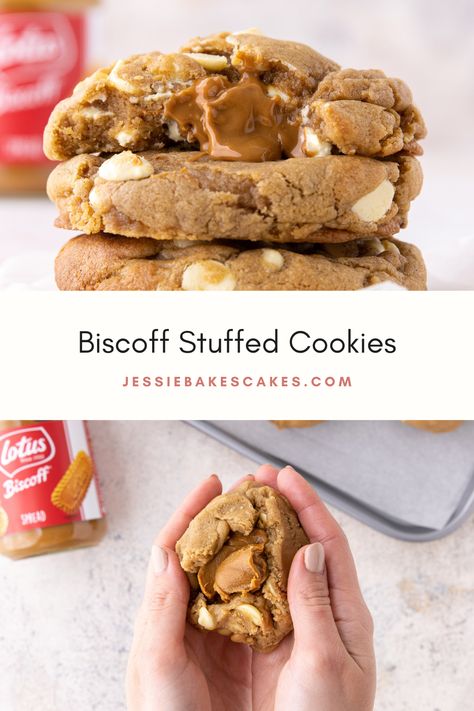 Biscoff Filled Cookies, Cookie Recipes Biscoff, Biscoff Chunky Cookies, Stuffed Biscoff Cookies, Biscoff Stuffed Cookies Recipe, Best Stuffed Cookie Recipes, Cookie Butter Stuffed Cookies, Biscoff White Chocolate Chip Cookies, Cookies With Filling In The Middle