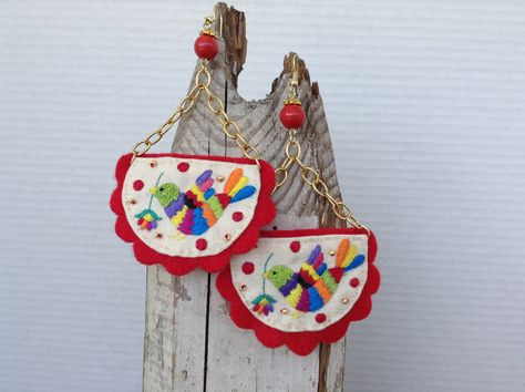 Otomi inspired earrings. Hand embroidered and sewn. OOAK. Made by Catherine Otto Otomi Earrings, Clay Pins, Otomi Embroidery, Repurposed Necklace, Assemblage Necklace, Diy Earring, Hand Necklace, Earrings Diy, Handmade Fashion Jewelry