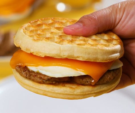 Eggo® Sausage, Egg and Cheese Sandwich Recipe | Easy Home Meals Sausage Egg And Cheese Sandwich, Diy Sausage, Sausage Egg Sandwich, Easy Home Meals, Brunch Sandwich, Cheddar Cheese Recipes, Egg Salad Sandwich Recipe, Cheese Sandwich Recipe, Cottage Cheese Eggs