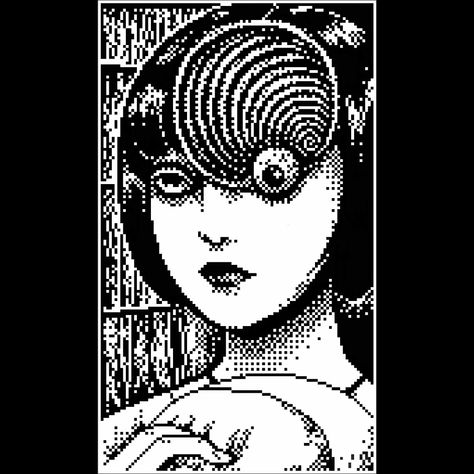 Frame from Manga "Junji Ito Collection" in pixel art style. Black and white artwork. 1bit pixel art. Junji Ito Pattern, Manga Cross Stitch, Junji Ito Cross Stitch, Junji Ito Perler Beads, Junji Ito Pixel Art Grid, Junji Ito Alpha Pattern, Junji Ito Crochet, Junji Ito Pixel Art, 1 Bit Pixel Art