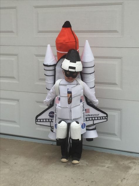 Space Shuttle Halloween Costume #spaceshuttle #endeavor Rocket Ship Costume Diy, Space Shuttle Costume, Rocketship Costume, Space Fancy Dress, Rocket Halloween Costume, Astronaut Fancy Dress, Astronaut Dress, Rocket Costume, Fancy Dress Costumes Kids