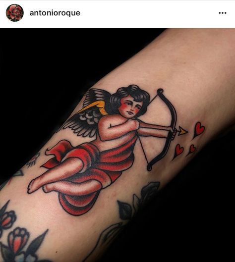 Neo Traditional Cupid Tattoo, Cherub Bow And Arrow Tattoo, Cherub Bow And Arrow, Cupid Tattoo Old School, American Traditional Cherub, Cupid Tattoo Traditional, American Traditional Angel Tattoo, Cherub Tattoo Traditional, Angel Traditional Tattoo