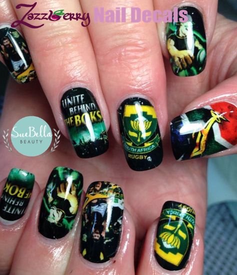 Springbok Rugby Nail Decals by ZazzBerry Springbok Nail Art, Springbok Rugby Nails, Springbok Nails, Rugby Nails, Rugby Images, Nails Nail Art Designs, Nail Decals Designs, Springbok Rugby, Black Nail Art