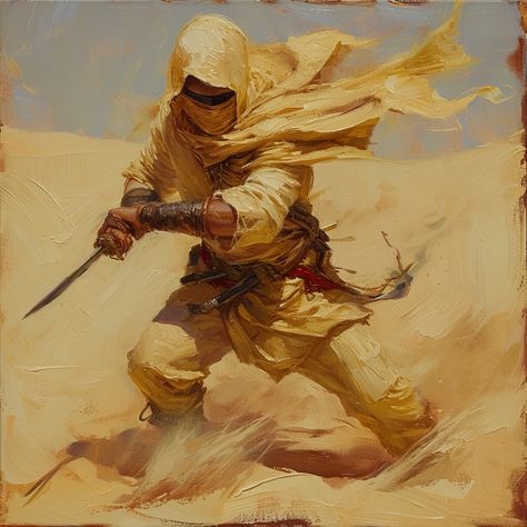 portrait of a sand warrior, wearing desert gear, holding a short katana in one hand, clothes blowing in the wind, sand dunes in the background, oil painting, thick strokes --v 6 Desert Sci Fi Character Design, Desert Ranger Dnd, Desert Dnd Art, Desert Bandit Fantasy Art, Desert Warrior Aesthetic, Desert Explorer Outfit, Sandalpunk Aesthetic, Desert People Art, Character Design Desert