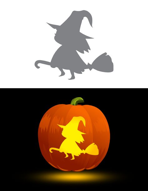 Cute Witch Pumpkin Carving, Witch Pumpkin Stencil, Witch Pumpkin Carving, Pumpkin Stencils Free, Pumpkin Template, Printable Cute, Witch Pumpkin, Flying Witch, Pumpkin Stencil