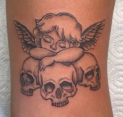 Cherub Tattoo Designs, Arm Tattoos Drawing, Cupid Tattoo, Feminine Skull Tattoos, Cherub Tattoo, Wicked Tattoos, Minimalist Tattoos, Baby Tattoos, Mini Drawings