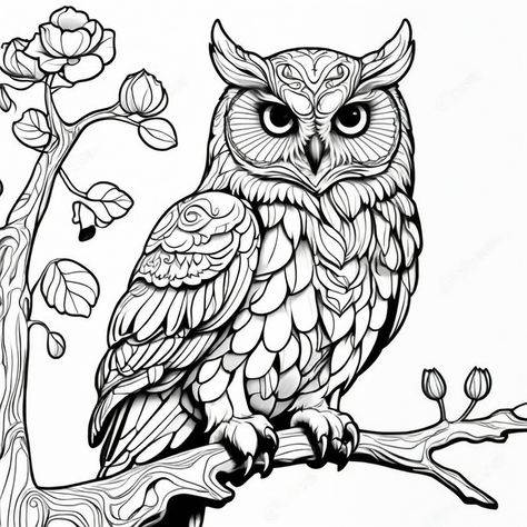 Check out this stunning black and white drawing of an owl perched on a branch with flower buds. The intricate details and shading make it a beautiful piece of artwork. 🦉🌸 #owl #drawing #blackandwhite #artwork Owl Line Drawing, Drawing Of An Owl, Owls In Flight, Tree Line Drawing, Owl Drawings, Owl Drawing, Easy Coloring, Owls Drawing, Owl Crafts