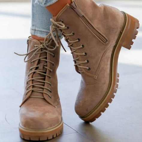 Fit: True To Size Zipper Side Closure And Lace Up Stiff Toe Faux Suede Tan Combat Boots, Cole Haan Women Shoes, Bohemian Boots, North Face Boots, Nude Boots, Womens Suede Boots, Leopard Print Boots, Taupe Boots, Boutique Shoes