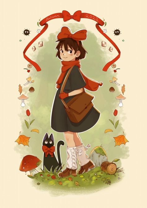 Kiki’s Delivery Service Fanart, Ghibli Fall Aesthetic, Kiki's Delivery Service Outfit, Kikis Delivery Service Fanart, Ghibli Halloween, Ghibli Fanart, Kikis Delivery Service, Studio Ghibli Fanart, Retro Fan