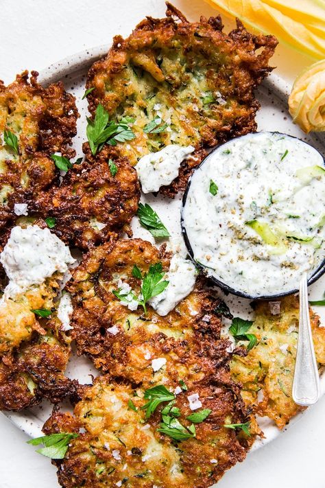 Mediterranean-Style Zucchini Fritters | The Modern Proper Greek Zucchini Fritters, Keto Zucchini Fritters, Crispy Zucchini, Zucchini Fritters Recipe, The Modern Proper, Modern Proper, Zucchini Fritters, Zucchini Bread Recipes, Fritter Recipes