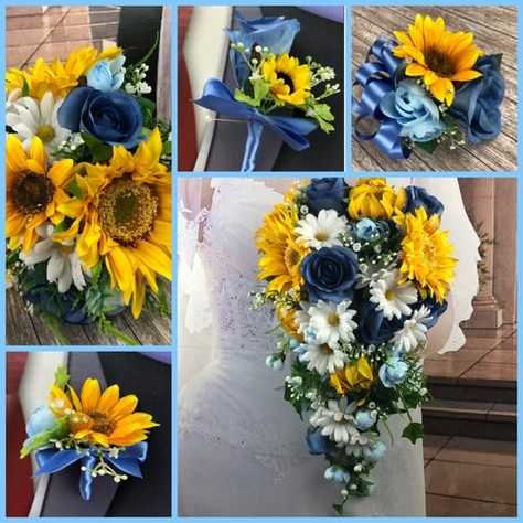 Sunflower Blue Roses Wedding, Denim And Sunflower Wedding, Sunflower Beach Wedding Ideas, Dusty Blue And Sunflower Wedding, Sunflower And Daisy Bouquet, Blue Ranunculus, Sunflower Wedding Flowers, Anemone Bridal Bouquet, Sunflower Bridesmaid Bouquet