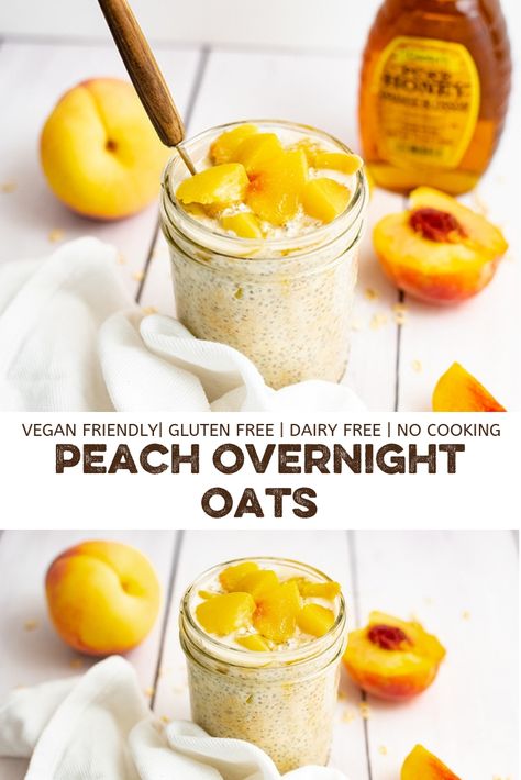 Peach overnight oats with yogurt are the perfect breakfast or snack. Gluten free, high in protein and fiber and vegan friendly, these overnight oats are perfect for busy mornings! No cooking required! Peach Oats, Peach Overnight Oats, Oats With Yogurt, Overnight Oats With Yogurt, Oats Overnight, Protein Overnight Oats, Oat Recipes Healthy, Overnight Oats Recipe Healthy, Overnight Oats Healthy