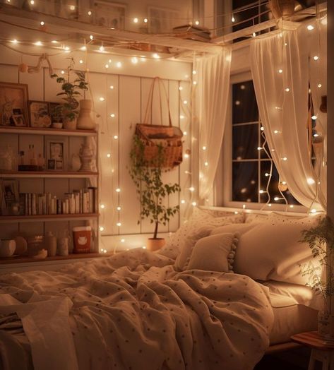 Aesthetic Neutral Room Ideas, Aesthetic Room With Lights, Room Ideas Aesthetic Day Bed, Cosy Light Bedroom, Room Ideas Aesthetic Minimalist Boho, Cute Small Room Ideas Aesthetic Cozy, Cute Cosy Bedroom Ideas, Cozy Room Lights, Cosy Bedroom Decor Ideas