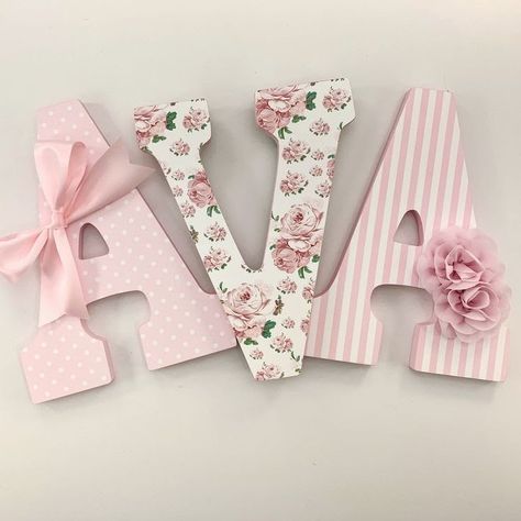 Letter Decoration Ideas, Name Ava, Wooden Letters Diy, Wood Letters Decorated, Pink Floral Nursery, Gold Nursery Decor, Painted Wood Letters, Pink Floral Baby Shower, Wooden Letters Decorated