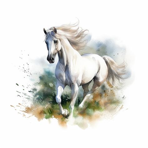 Peinture D'un Cheval Blanc Courant Dans ... | Premium Photo #Freepik #photo #fond-blanc #fond #cheval-blanc #cheval Premium Photo, Anime