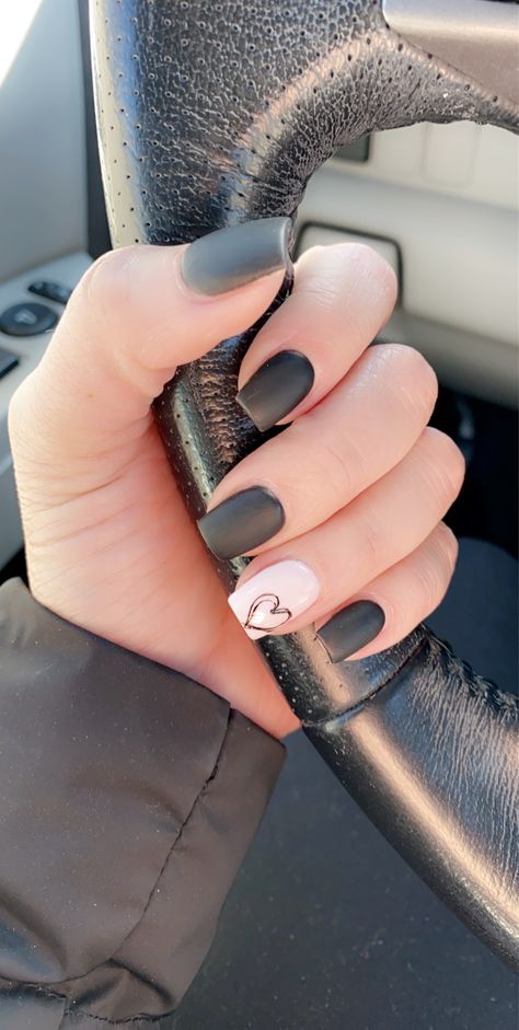 Black Light Pink Nails, Short Nails Feb 2024, Light Pink Nails With Black Heart, Black And Pale Pink Nails, Short Nail Designs September, Black February Nails, Black Dipped Nails Ideas Short, Black And Peach Nails, Matte Black Valentines Nails