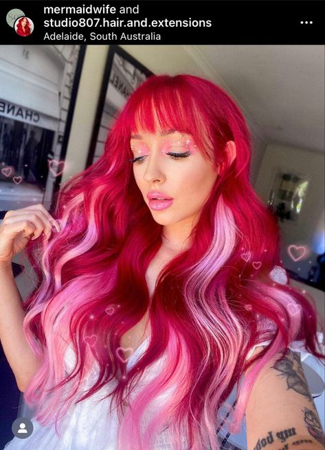 Red And Pink Underneath Hair, Dark To Light Pink Ombre Hair, Red And Light Red Hair, Bright Red Hair With Pink Highlights, Burgandy Hair Pink Highlights, Dark Pink With Light Pink Highlights, Strawberry Color Hair, Red Hair With Hot Pink Highlights, Pink N Red Hair