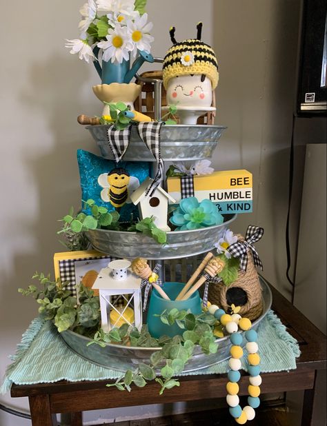 My version of a bee themed tiered tray Three Tier Tray, Decor Checklist, Spring Banner, Fall Tiered Tray Decor, Fabric Stains, Kitchen Table Decor, Summer Watermelon, Tiered Stand, Bird Theme