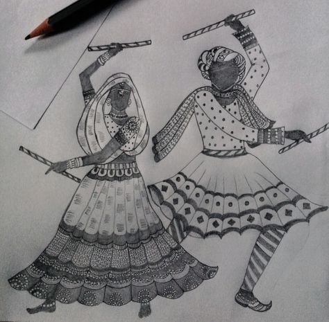 Dancing couple dandiya Dandiya Drawing Sketch, Dandiya Drawing, Dandiya Couple, Teenage Drawings, Art Markers Drawing, Couple Crafts, Markers Drawing, Saree Painting, Dancing Drawings