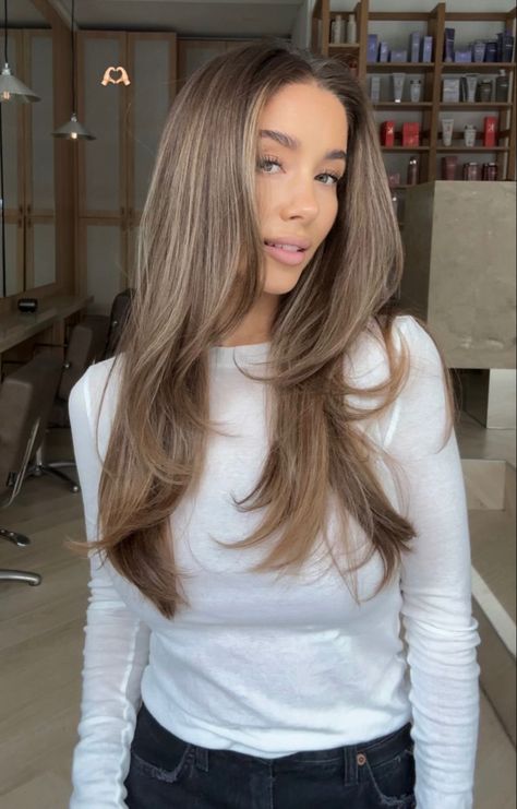 Hair trend fashion balayge that girl Hair Color Beige Brown, Bambi Hair Color, All Over Light Brown Hair, Old Money Hair Brunette, Taupe Blonde Hair, Brown Hair With Cool Tone Highlights, Beige Balayage On Brown Hair, Brown Frosted Hair, Cold Light Brown Hair