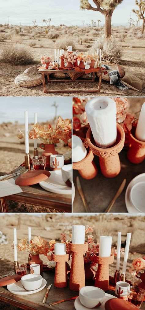 Black And Terracotta Table Setting, Terra Cotta Tablescape, Desert Glam Wedding, Boho Wedding Ideas Receptions, Terracotta Party, Terracotta Inspiration, Bohemian Table Settings, Desert Weddings, Terra Cotta Wedding