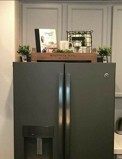 Top Of Fridge Decor, Top Of Fridge, Farmhouse Kitchen Decor Ideas, Above Kitchen Cabinets, Fridge Decor, Farmhouse Kitchen Cabinets, Kitchen Cabinets Makeover, Beautiful Farmhouse, Kitchen Decor Ideas