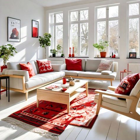 If you love simplicity and functionality, a Scandinavian red living room is for you. White walls, light wood furniture, and pops of red in the form of throw pillows, a rug, and small decor items will create a clean and bright space with a touch of warmth. Red Living Room Decor Ideas, Light Wood Furniture, Red Living Room Decor, Red Living Room, Red Living, House Deco, Living Room Red, Open Living Room, Living Room Scandinavian